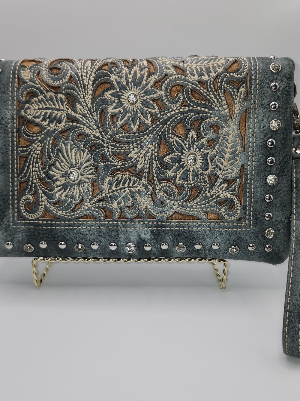 P&G Collection Western Wallet Wristlet Clutch Teal Brown Tooled Floral Studded